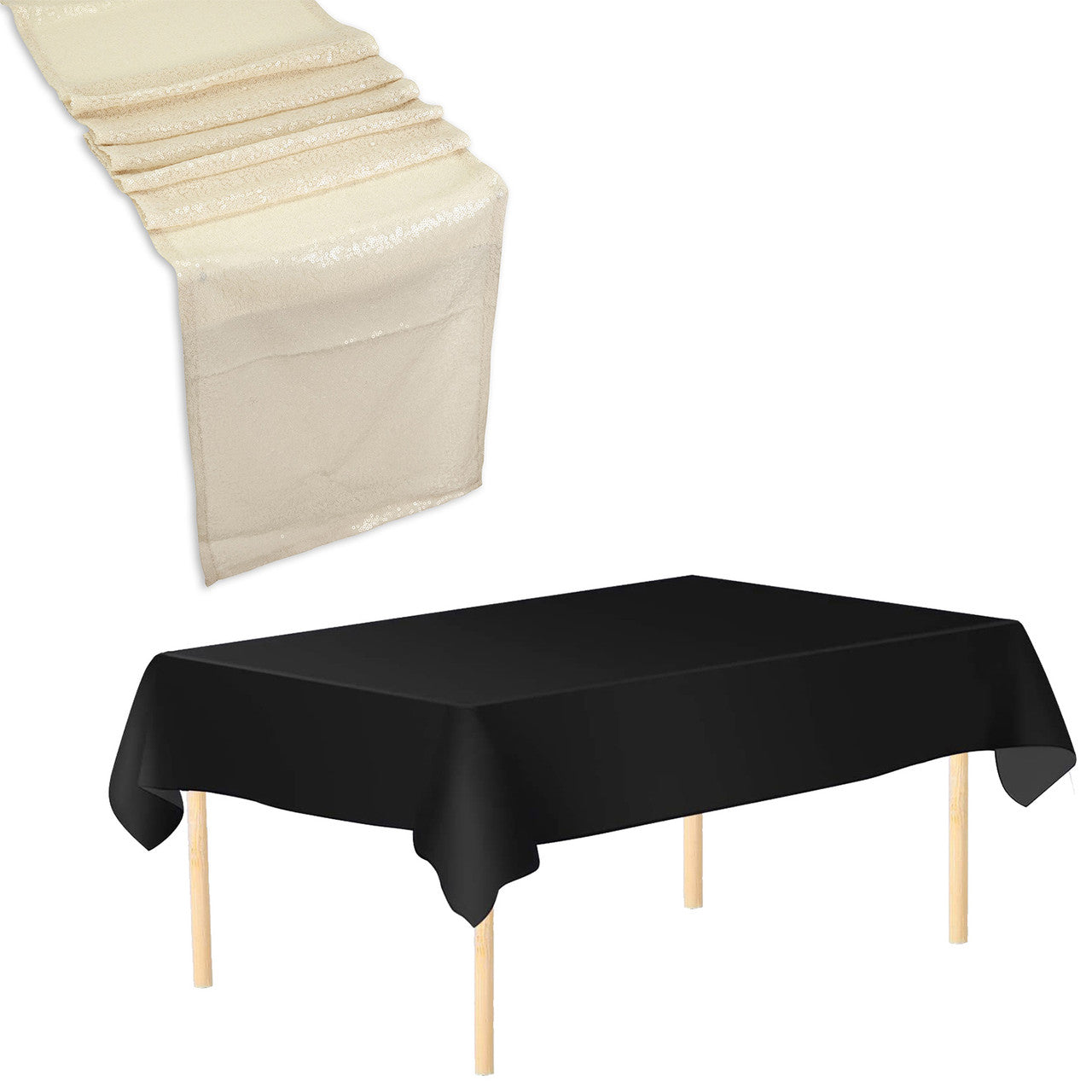 Plastic Table Cloth And Ivory Sequin Table Runner Set - 2pcs