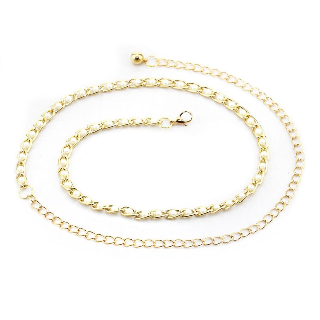 Metal Chain Belt with Pearl Beads - Gold