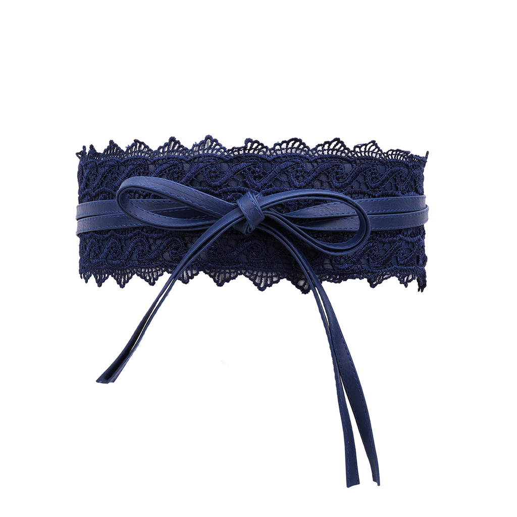 4"/10cm x 250cm Wide Waist Crochet Floral Lace Belt - Navy