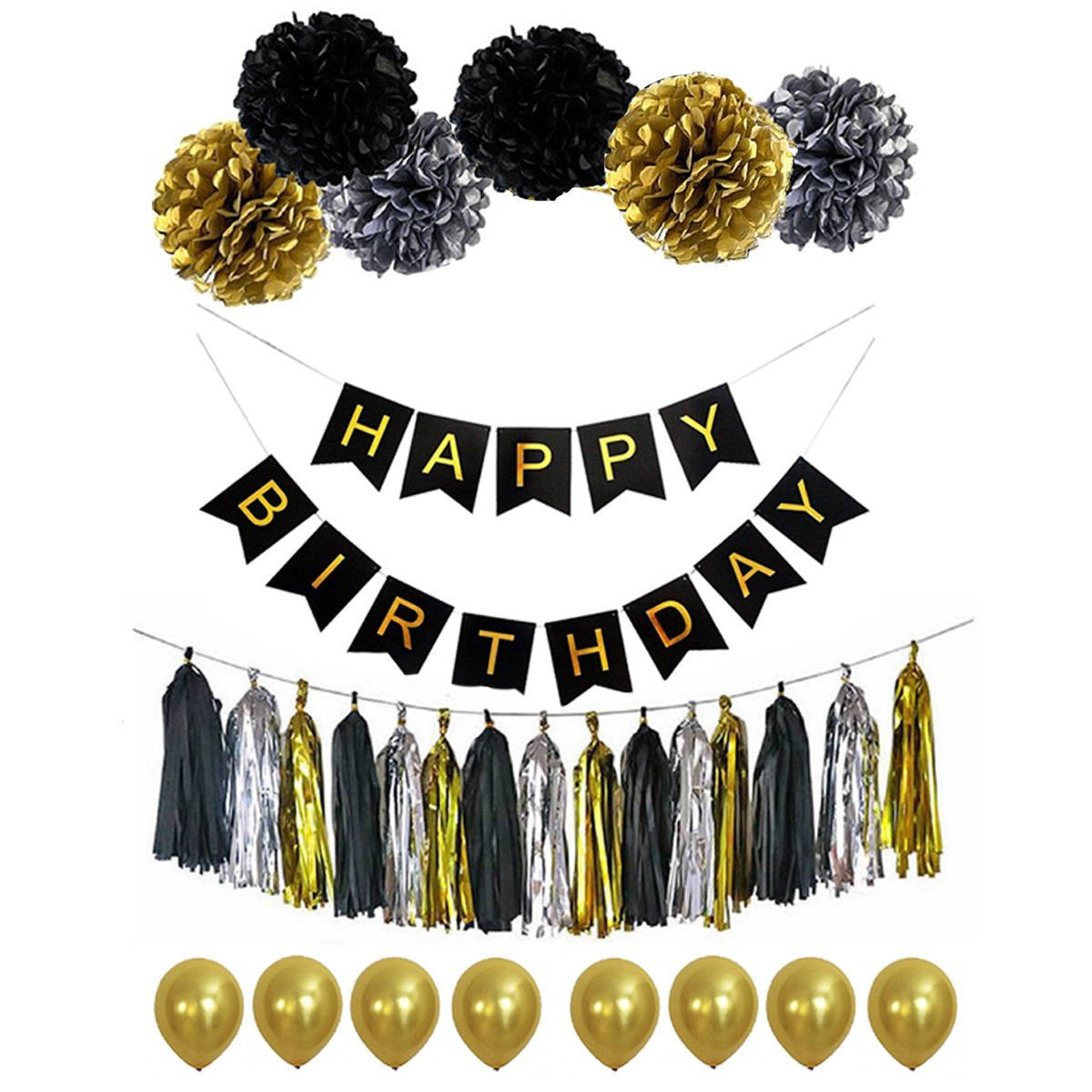 Black & Gold Balloons, Pom-Poms, Bunting & Tassels Birthday Set