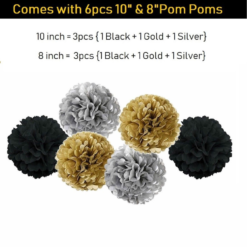 Black & Gold Balloons, Pom-Poms, Bunting & Tassels Birthday Set