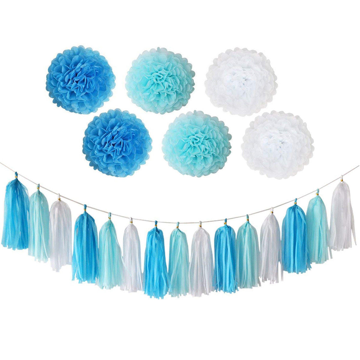Blue & White Pom-Poms and Tassels Decorations