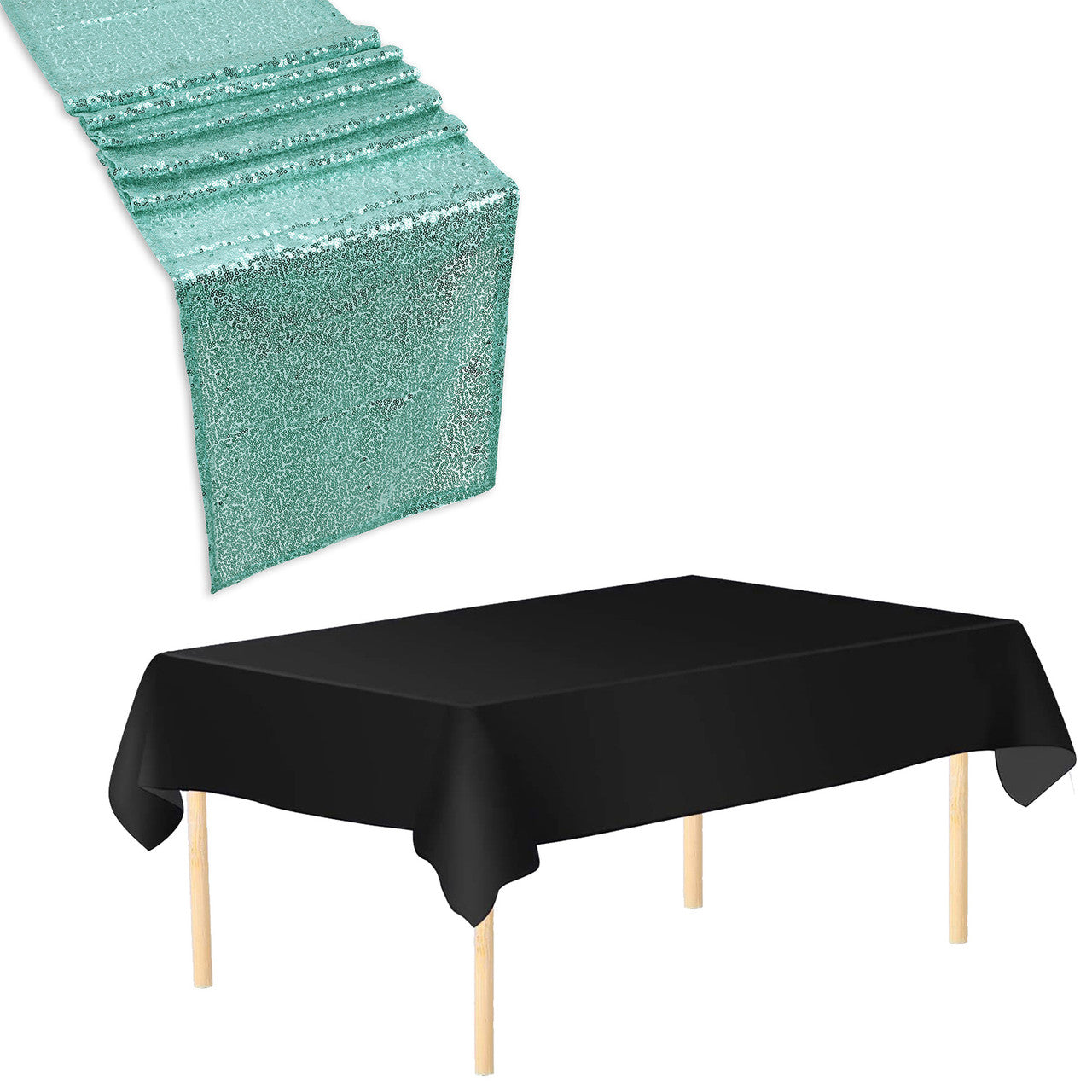 Plastic Table Cloth And Mint Sequin Table Runner Set - 2pcs