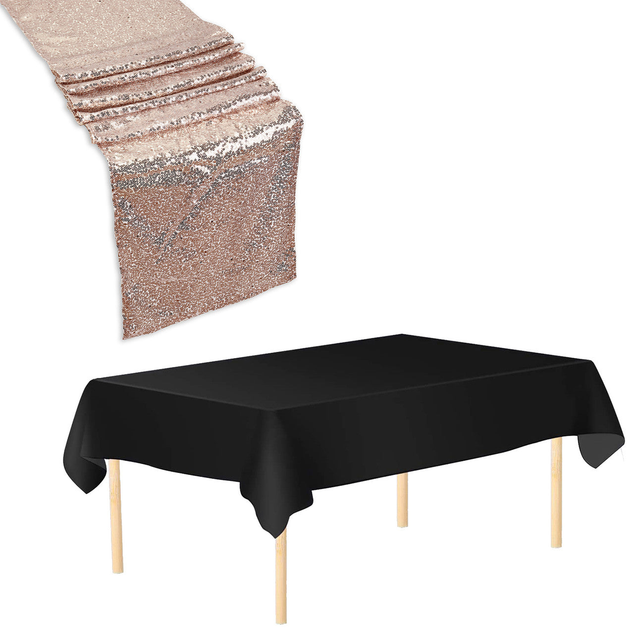 Plastic Table Cloth And Nude Sequin Table Runner Set - 2pcs