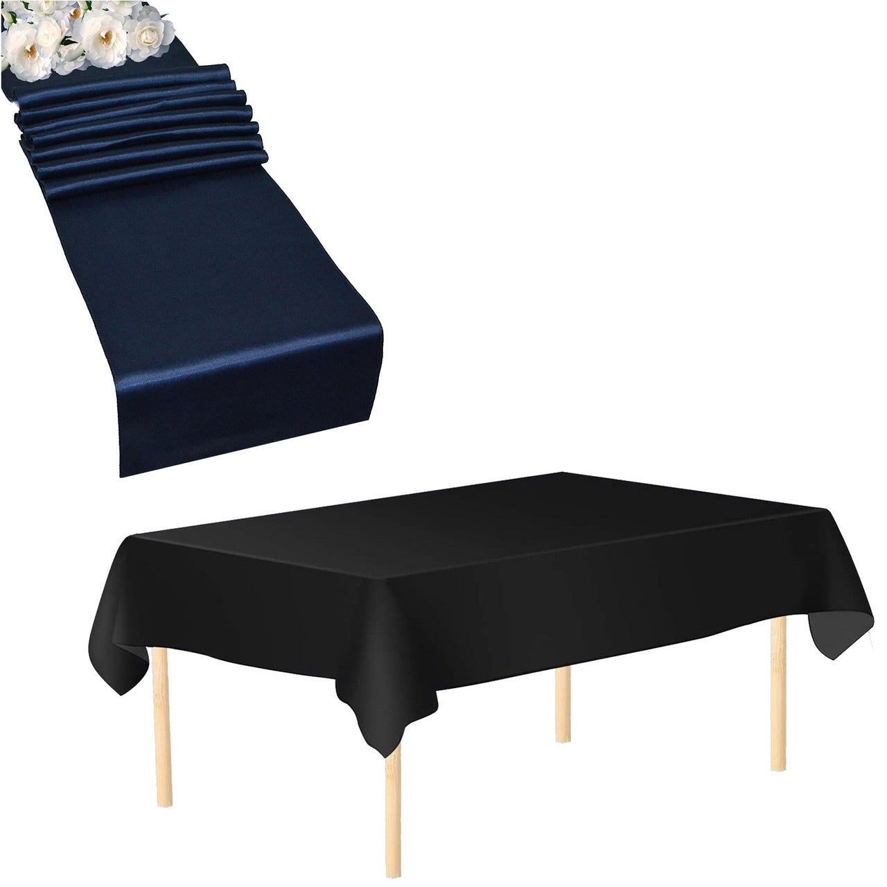Plastic Table Cloth And Navy Satin Runner Set - 2Pcs