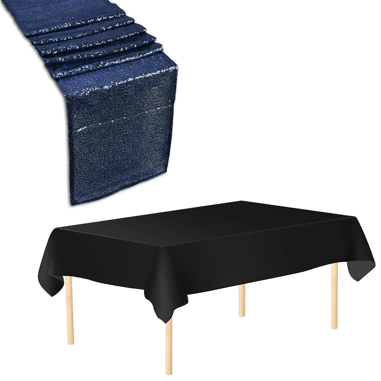 Plastic Table Cloth And Navy Sequin Table Runner Set - 2pcs