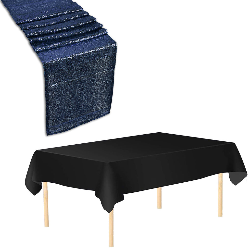 Plastic Table Cloth And Navy Sequin Table Runner Set - 2pcs