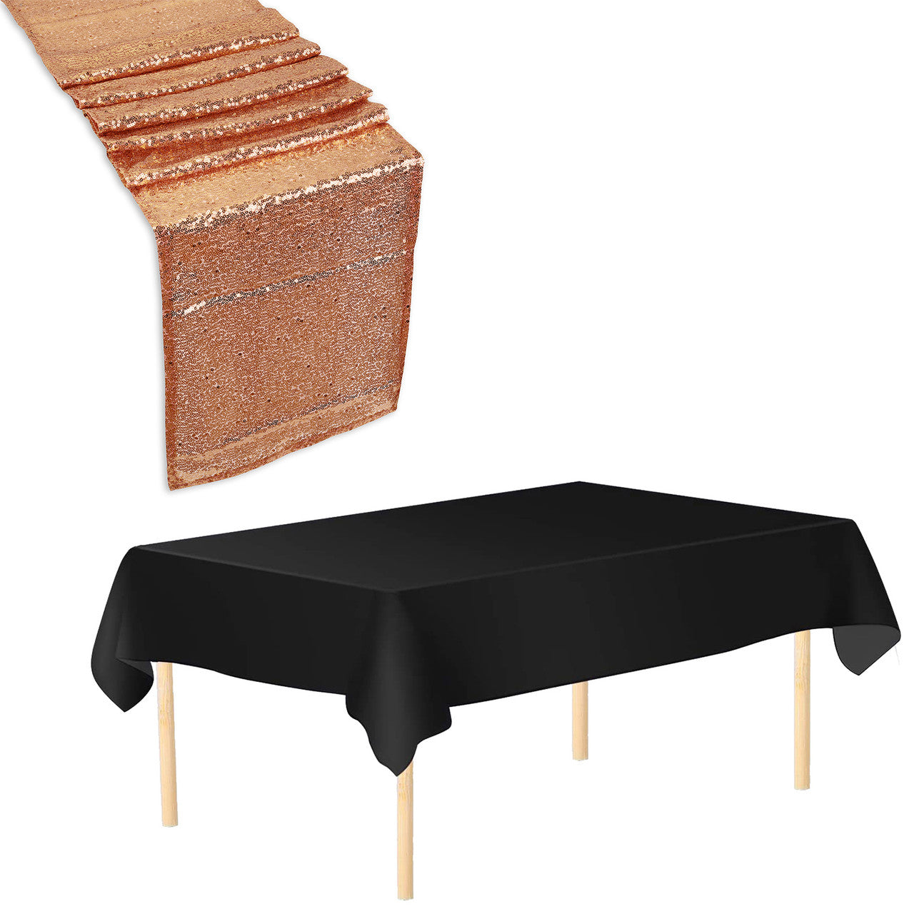 Plastic Table Cloth And Peach Sequin Table Runner Set - 2pcs