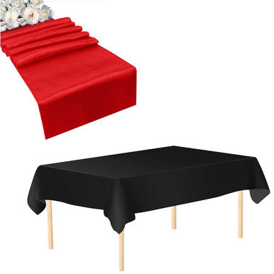 Plastic Table Cloth And Red Satin Runner Set  - 2Pcs