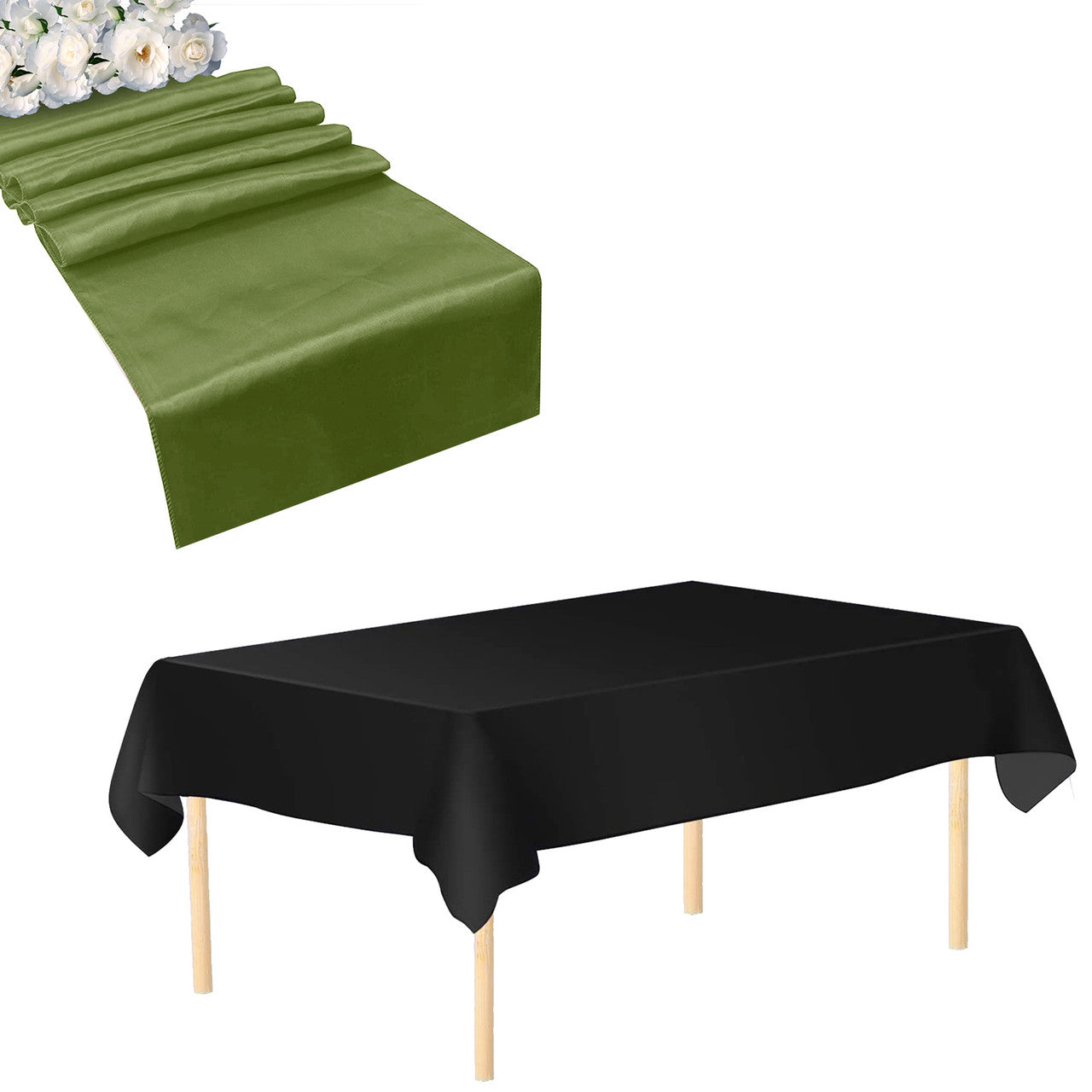 Plastic Table Cloth And Sage Green Runner Set  - 2Pcs