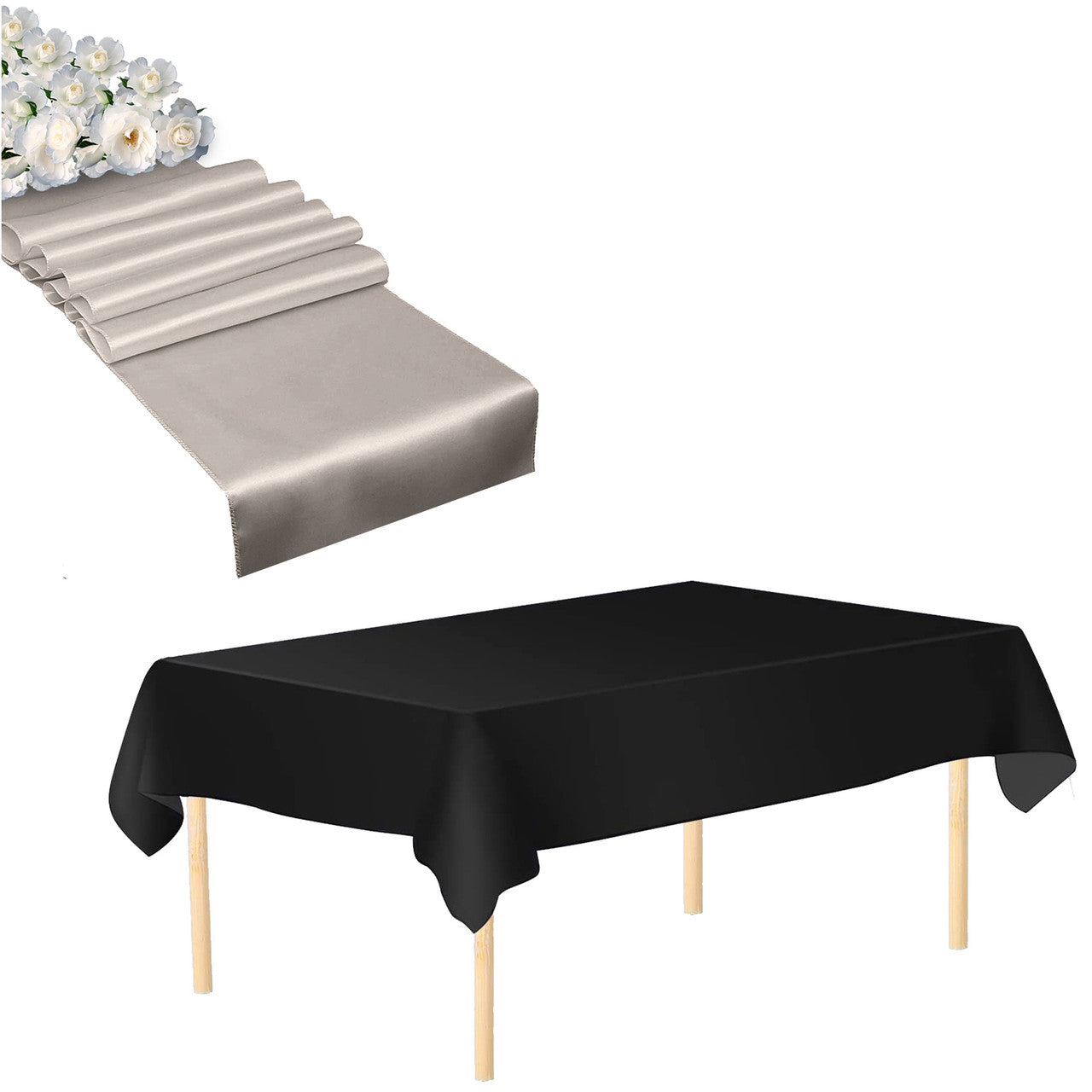 Plastic Table Cloth And Silver Satin Runner Set - 2Pcs