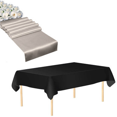 Plastic Table Cloth And Silver Satin Runner Set - 2Pcs