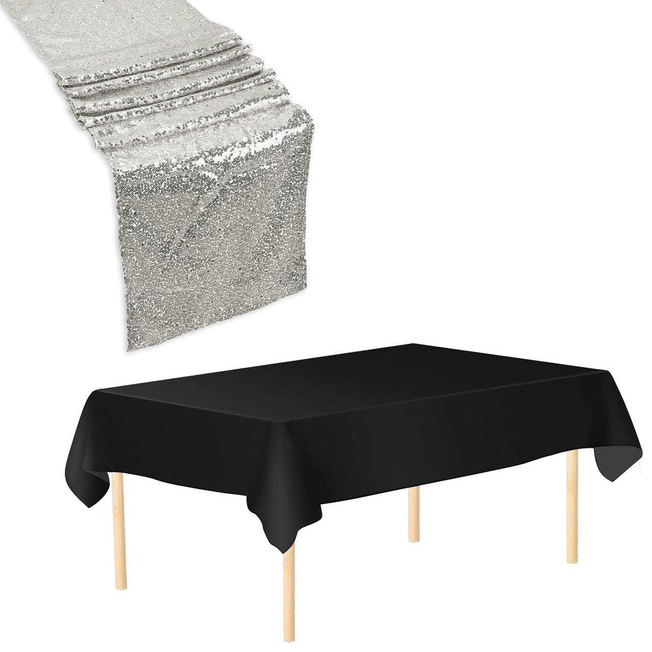 Plastic Table Cloth And Silver Sequin Table Runner Set - 2pcs