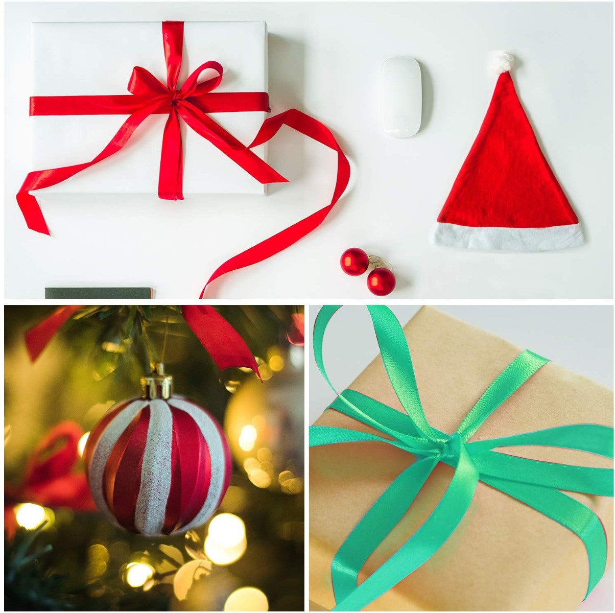 Christmas Coloured Satin Ribbons, 3 x 25m Rolls - Red, Green & White