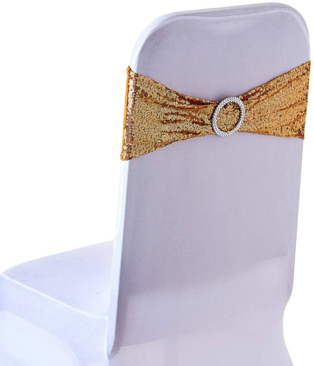 Sparkling Sequin Chair Bands with Diamante Buckle - Gold