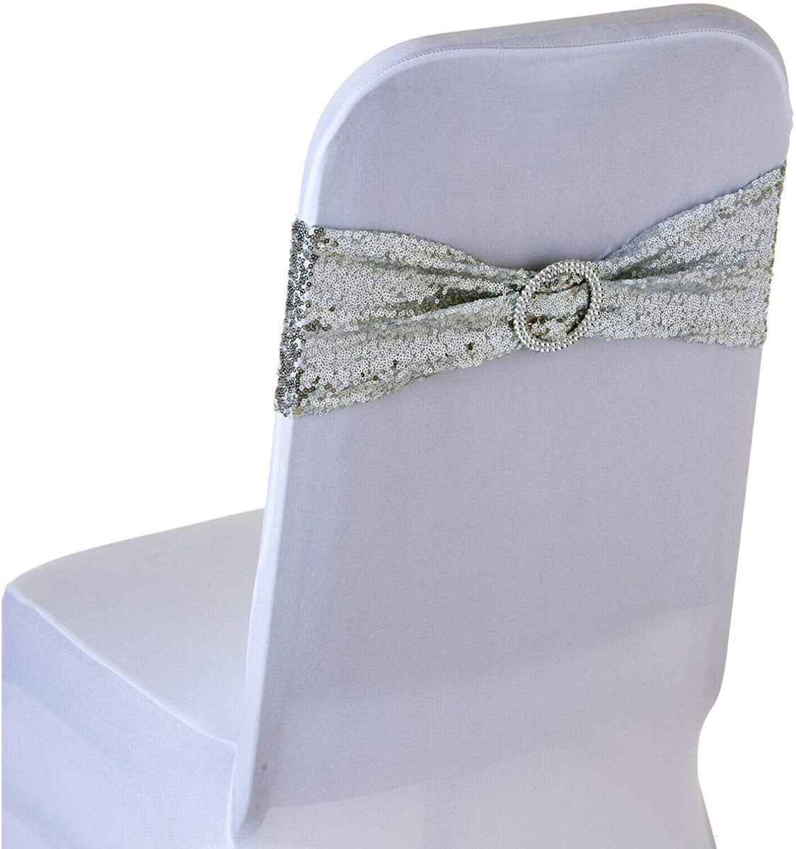 Sparkling Sequin Chair Bands with Diamante Buckle - Silver
