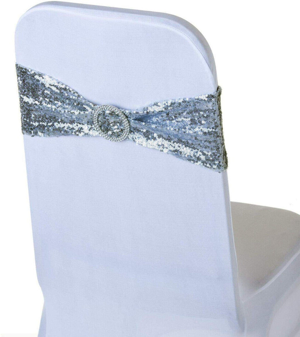 Sparkling Sequin Chair Bands with Diamante Buckle - Silver