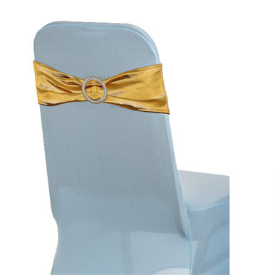 Shiny Spandex Chair Band with Round Diamante Buckle - Gold