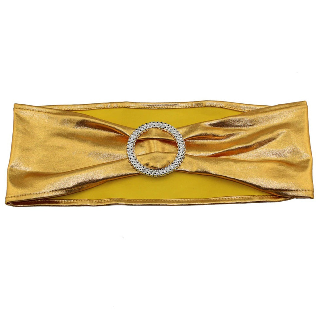 Shiny Spandex Chair Band with Round Diamante Buckle - Gold