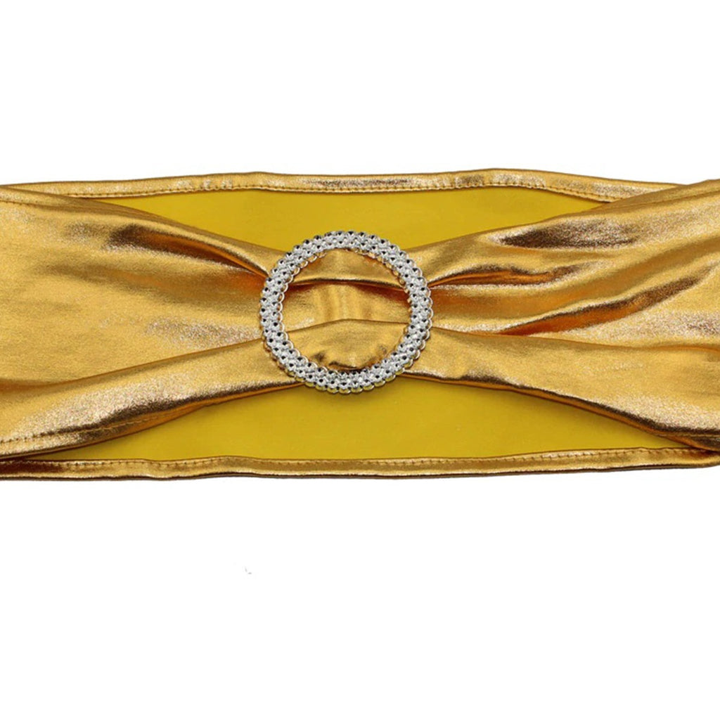 Shiny Spandex Chair Band with Round Diamante Buckle - Gold