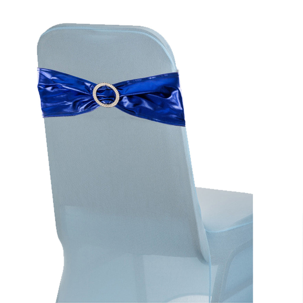 Shiny Spandex Chair Band with Round Diamante Buckle - Navy