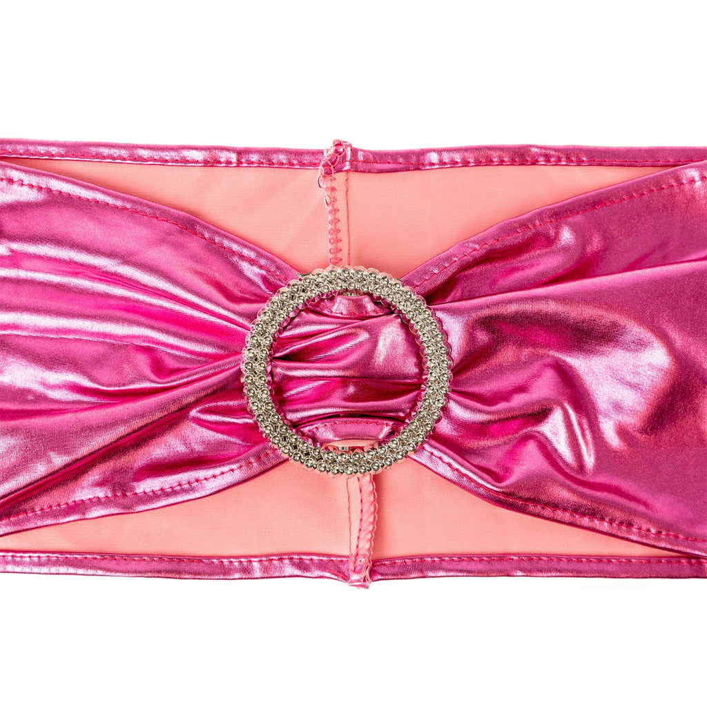 Shiny Spandex Chair Band with Round Diamante Buckle - Pink
