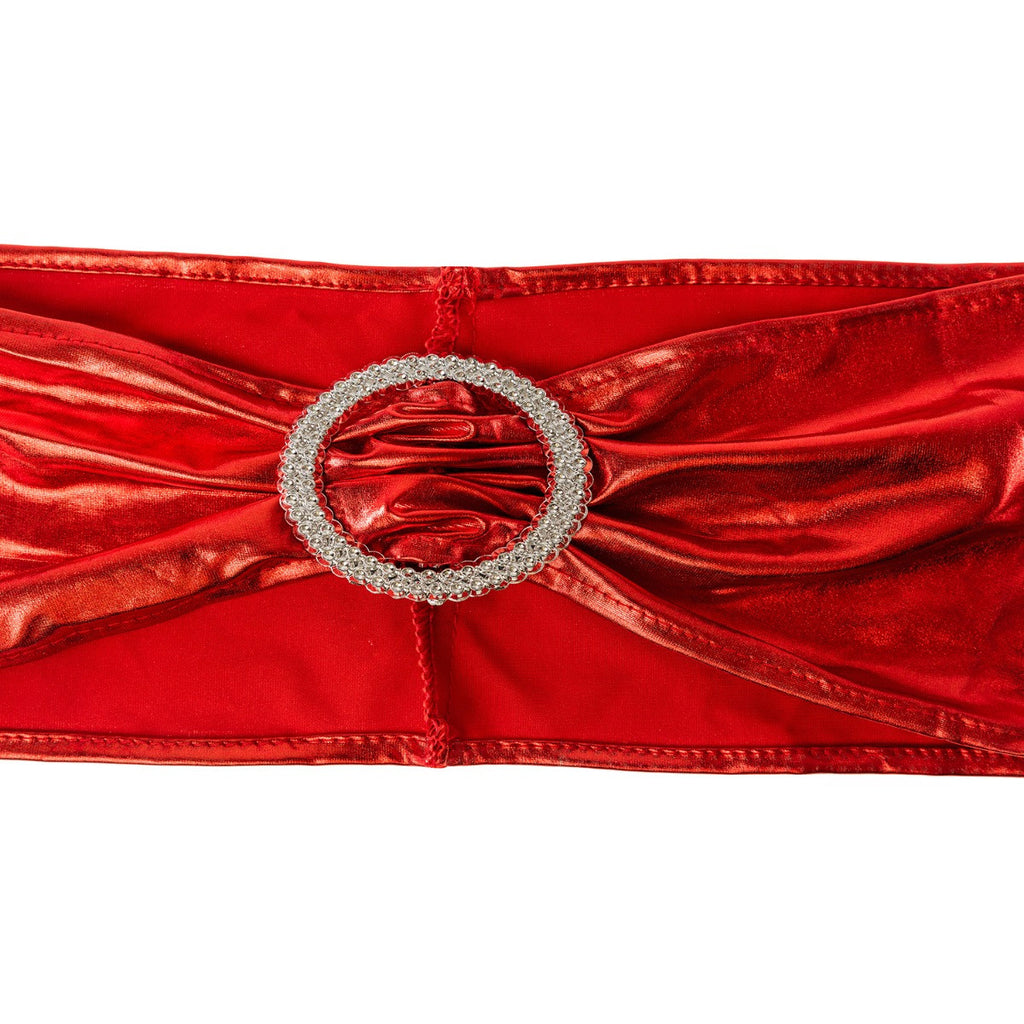 Shiny Spandex Chair Band with Round Diamante Buckle - Red