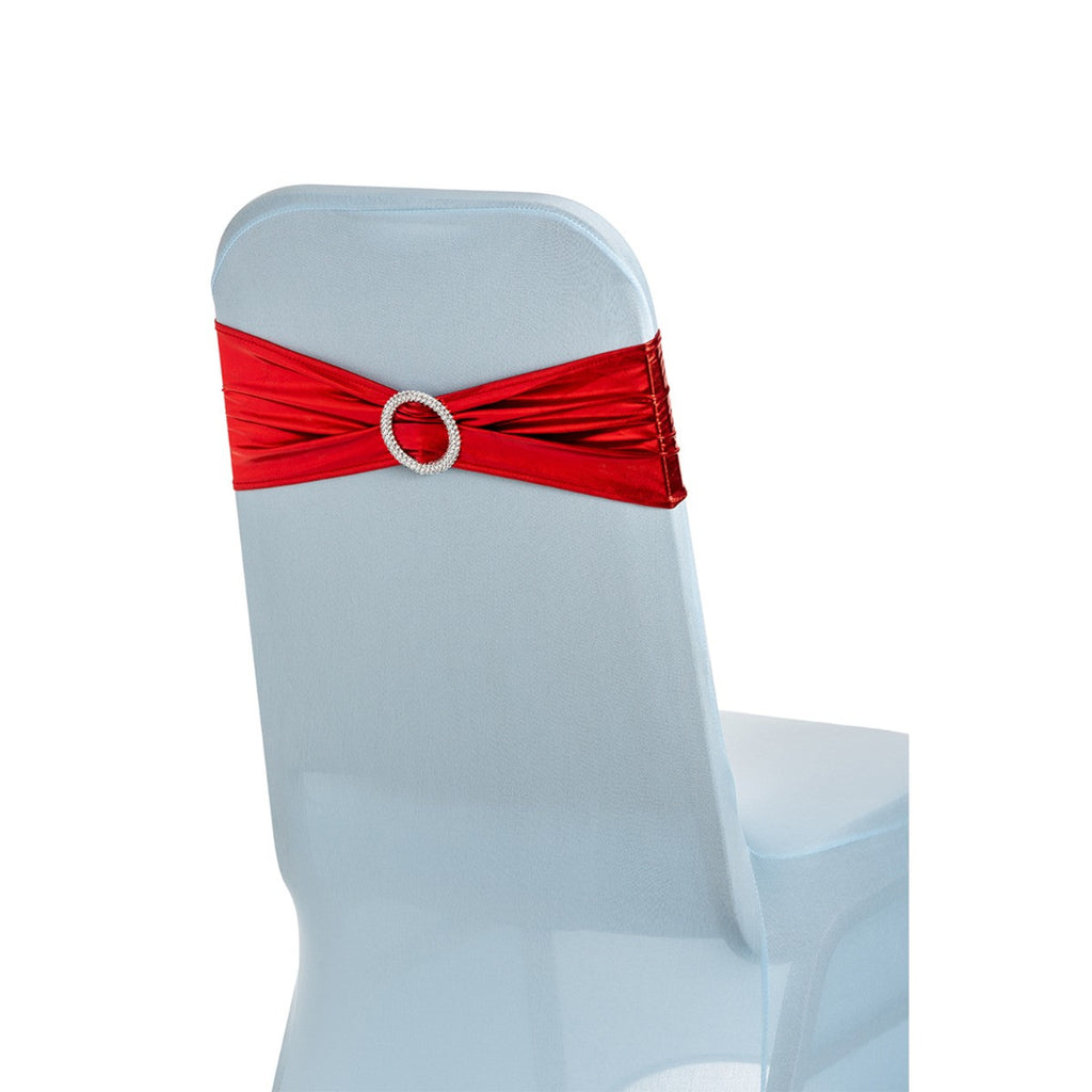 Shiny Spandex Chair Band with Round Diamante Buckle - Red