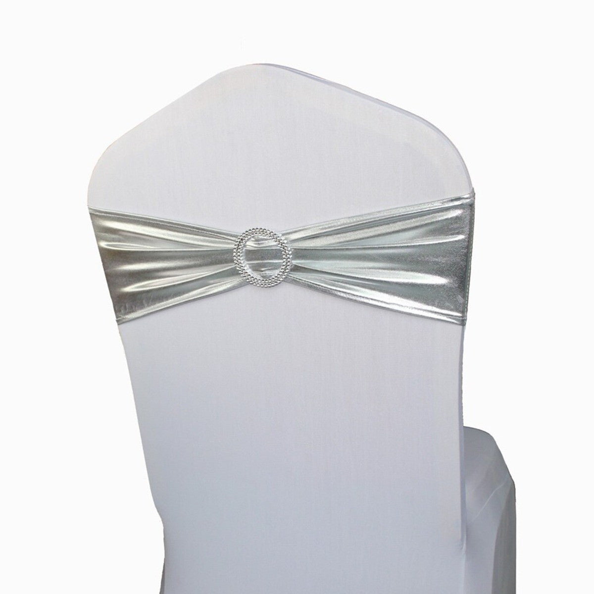 Shiny Spandex Chair Band with Round Diamante Buckle - Silver