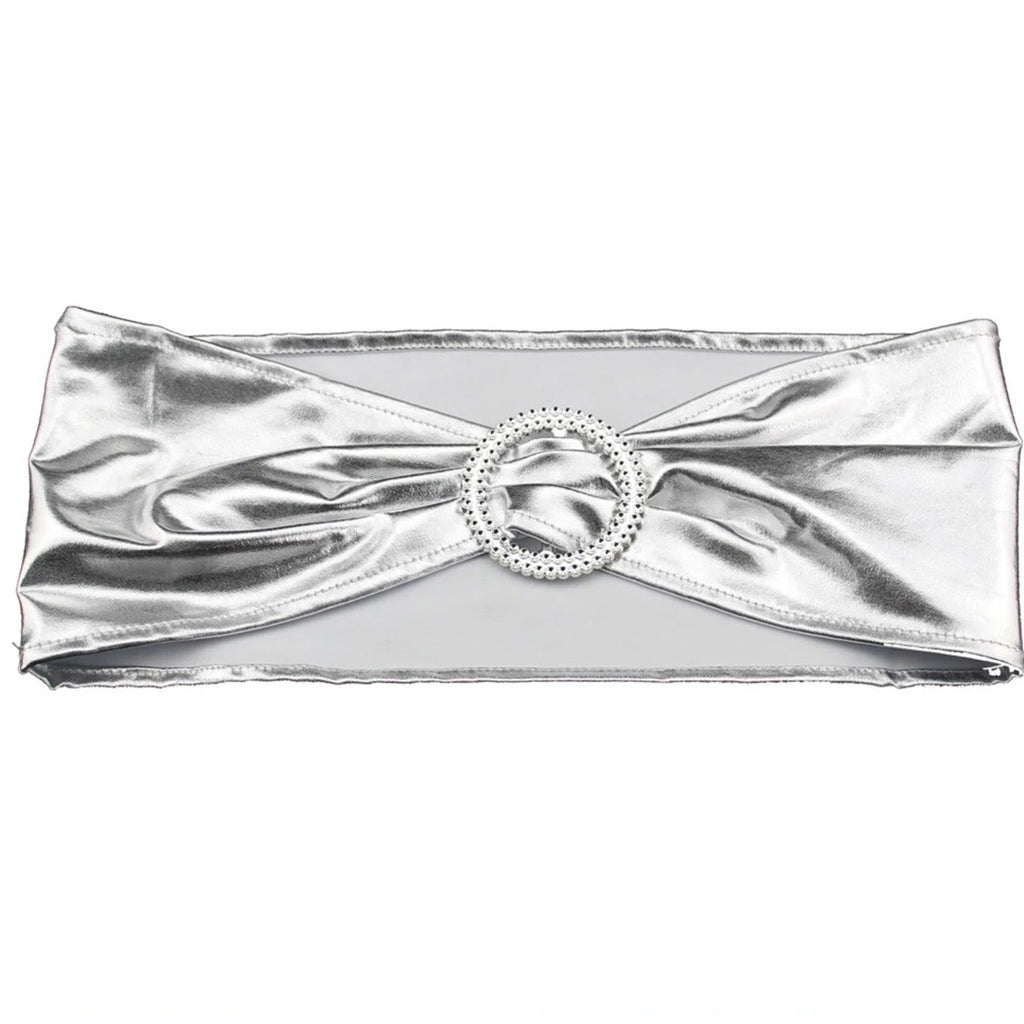 Shiny Spandex Chair Band with Round Diamante Buckle - Silver