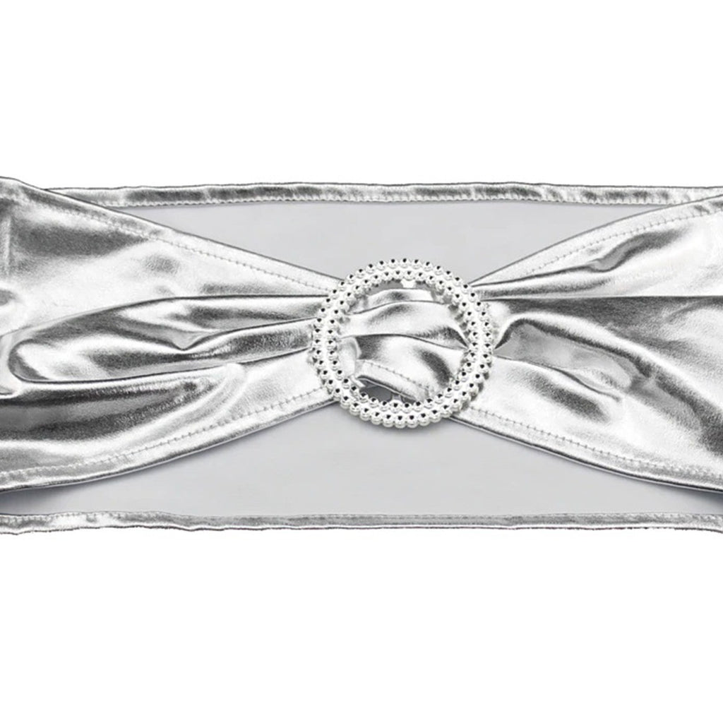 Shiny Spandex Chair Band with Round Diamante Buckle - Silver