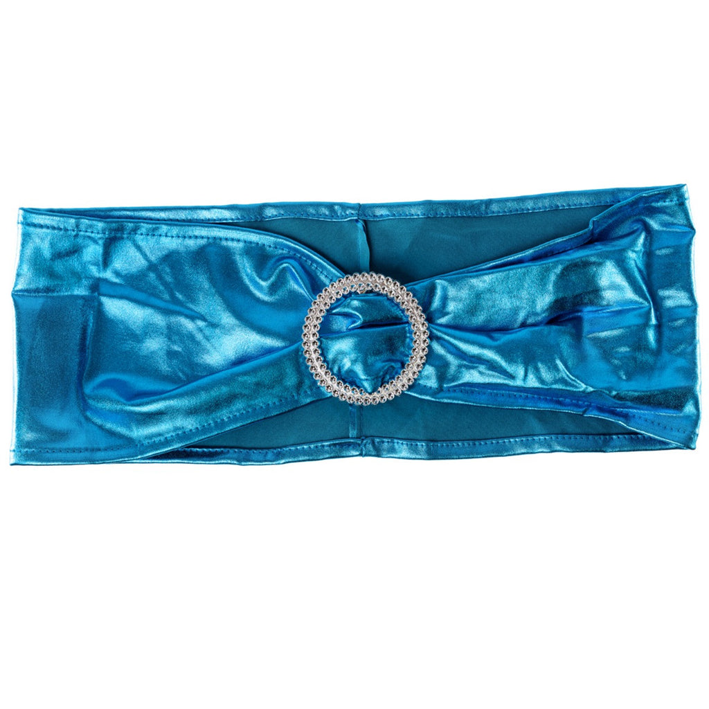 Shiny Spandex Chair Band with Round Diamante Buckle - Turquoise