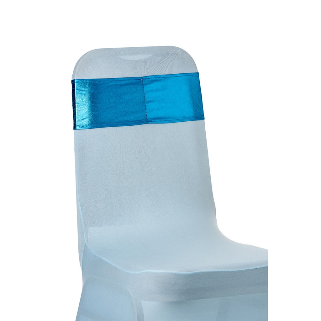 Shiny Spandex Chair Band with Round Diamante Buckle - Turquoise