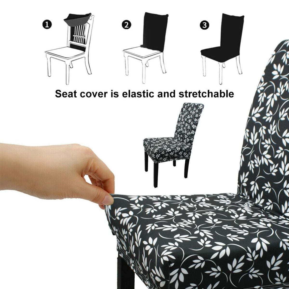 Short Spandex Floral Printed Chair Cover - Black (Design 2)
