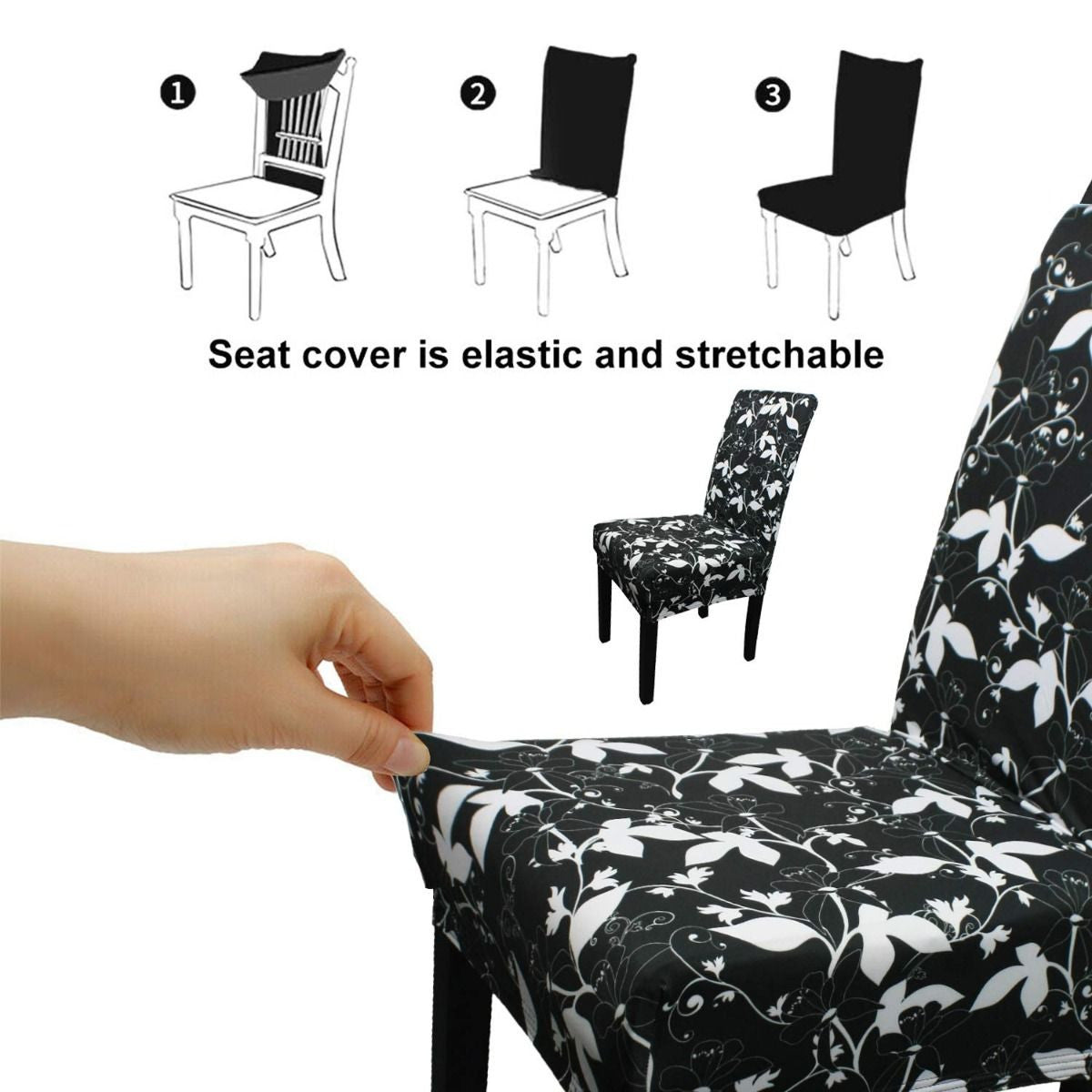 Short Spandex Floral Printed Chair Cover - Black (Design 3)
