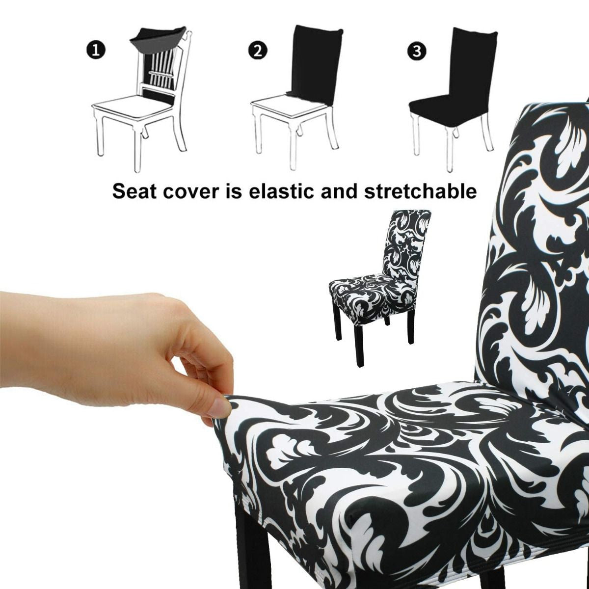Short Spandex Floral Printed Chair Cover - Black (Design 5)