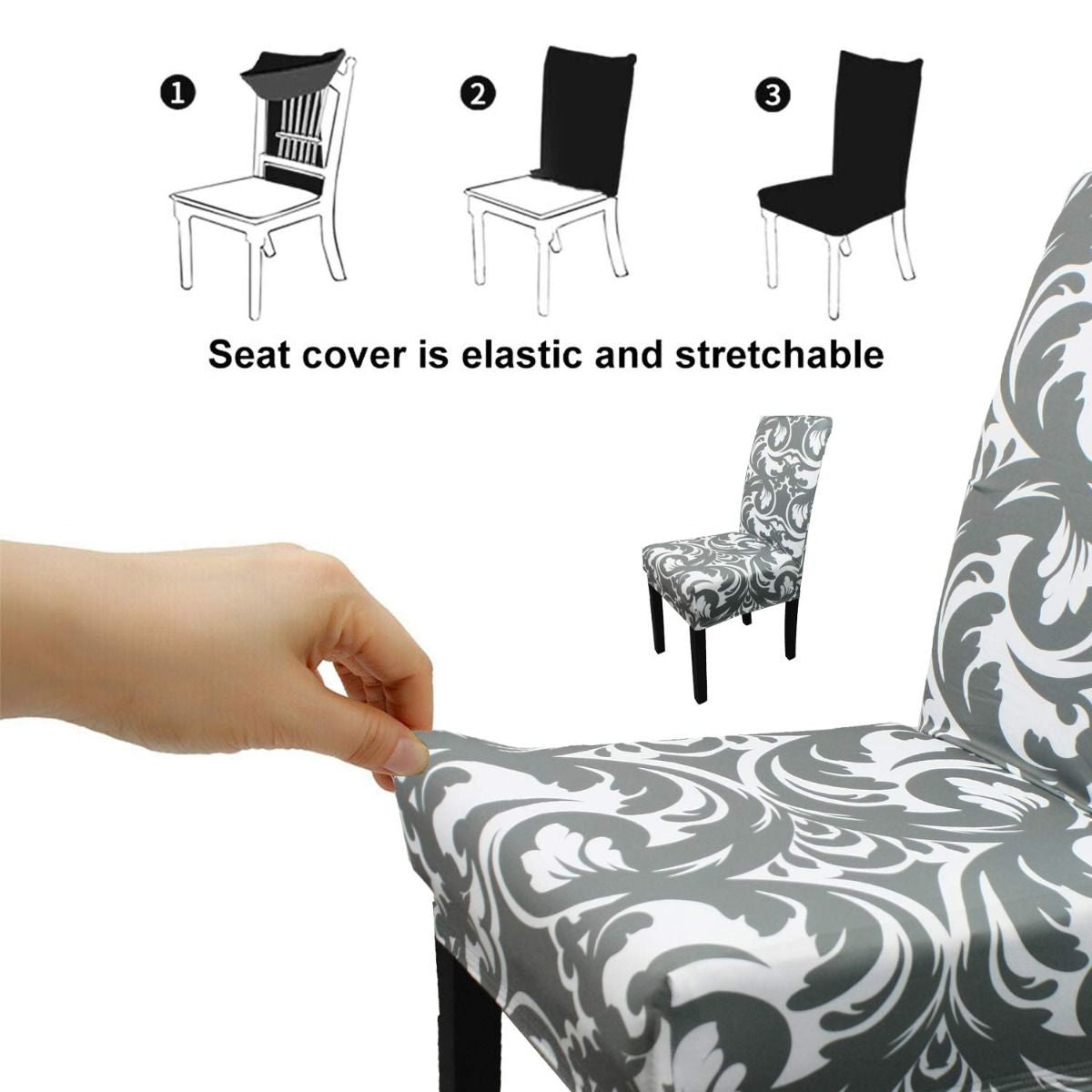 Short Spandex Floral Printed Chair Cover - Grey (Design 5)
