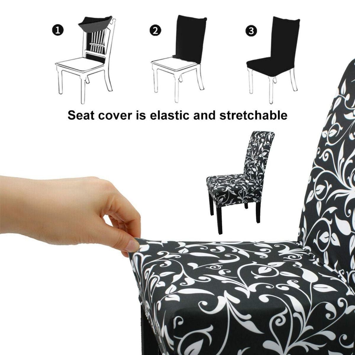 Short Spandex Floral Printed Chair Cover - Black (Design 6)