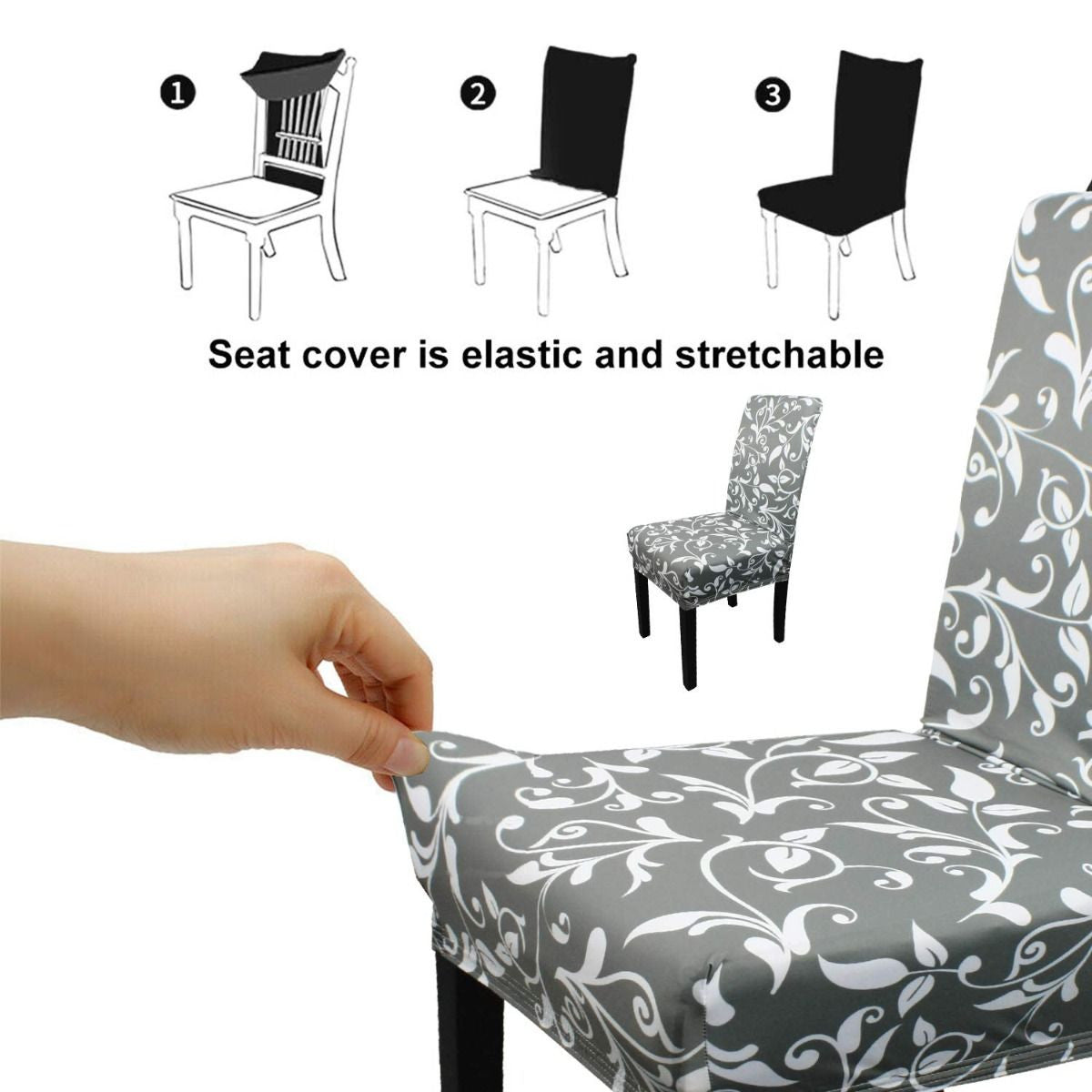 Short Spandex Floral Printed Chair Cover - Grey (Design 6)