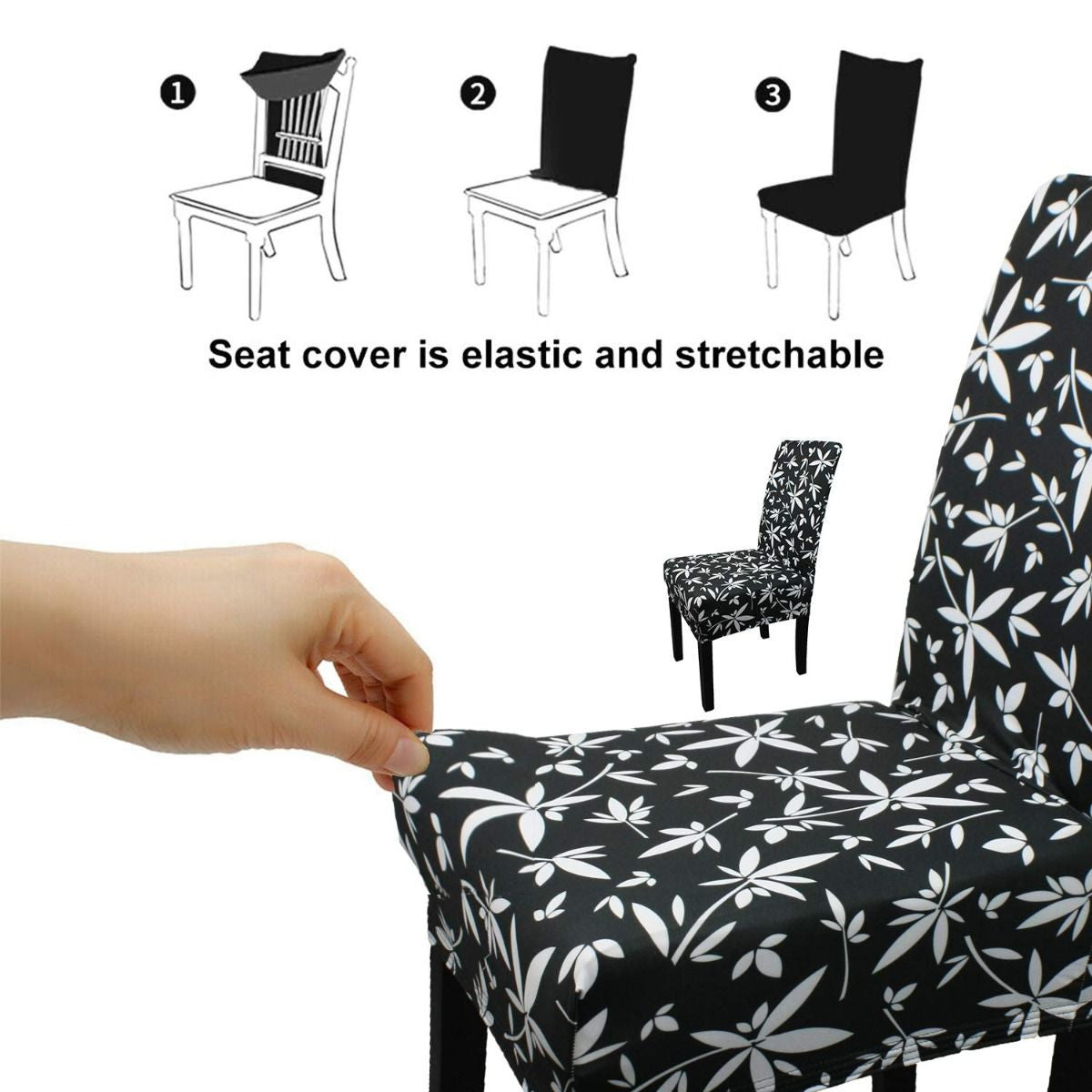 Short Spandex Floral Printed Chair Cover - Black (Design 7)