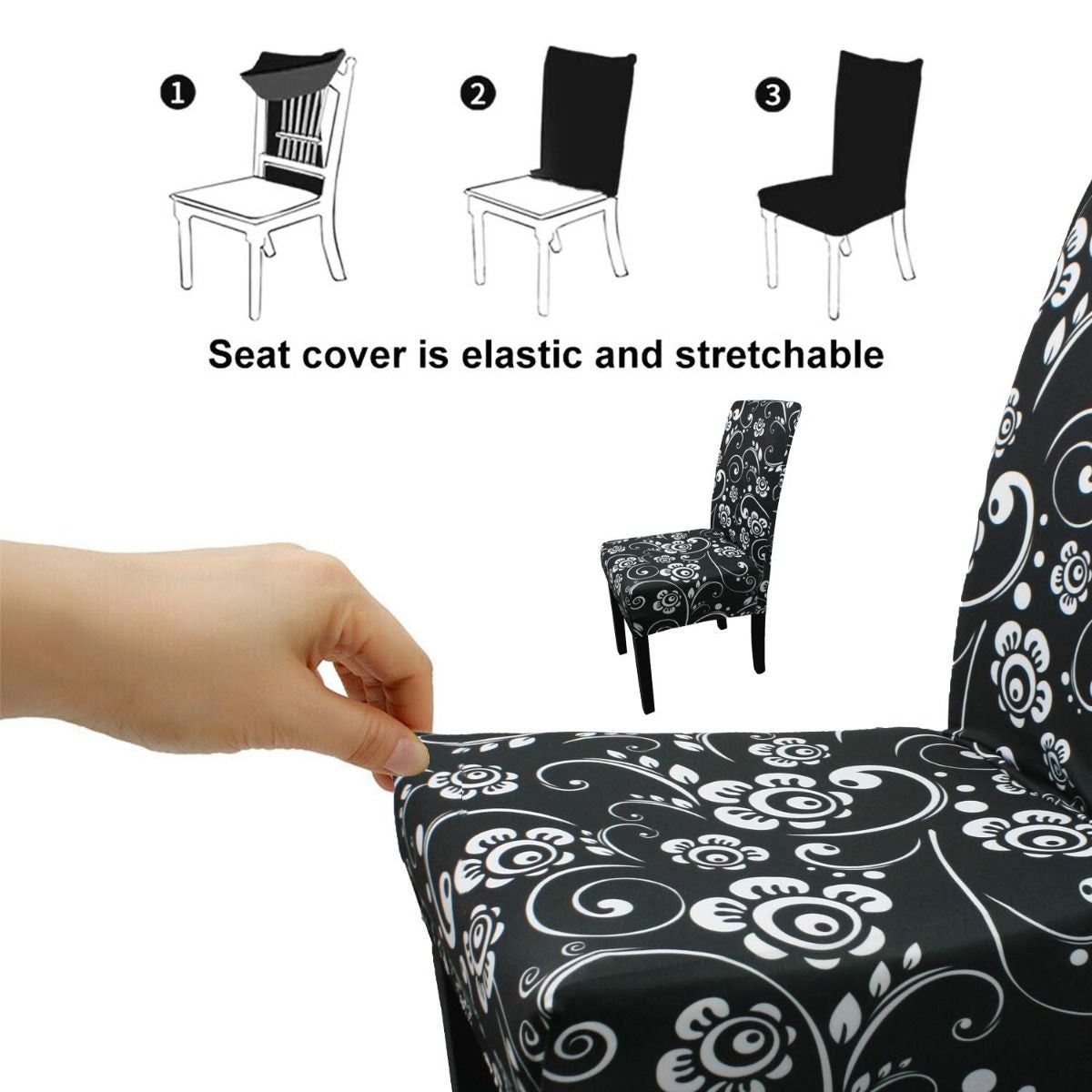 Short Spandex Floral Printed Chair Cover - Black (Design 8)