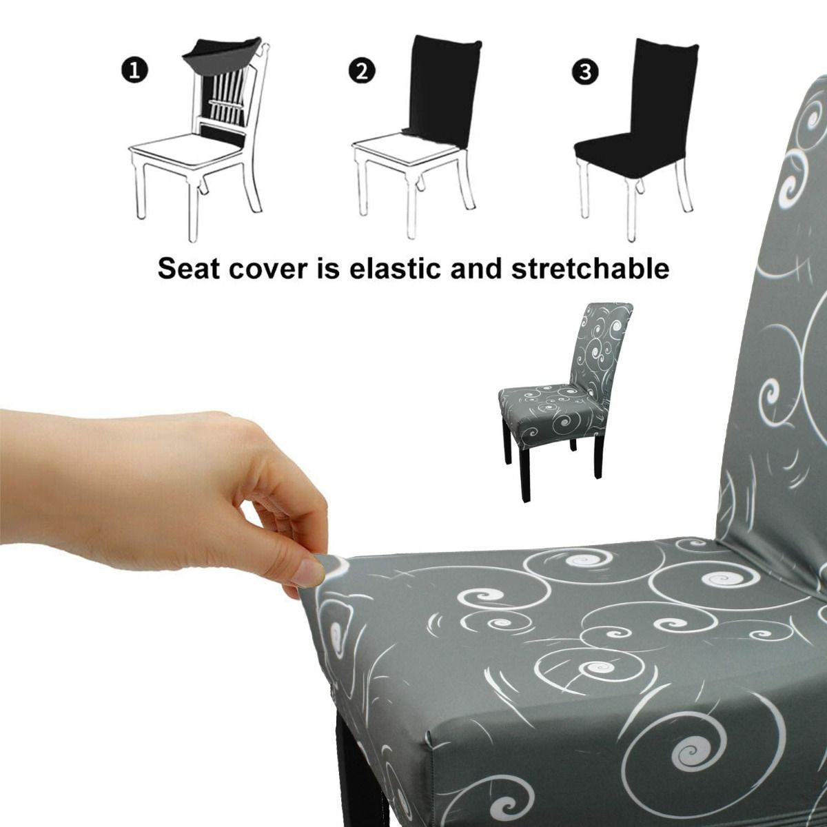 Short Spandex Floral Printed Chair Cover - Grey (Design 9)