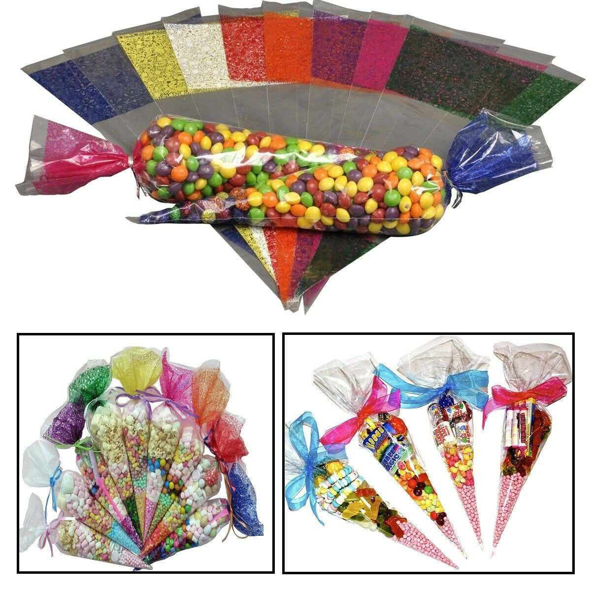 50x Clear Cellophane Cone Sweet Bags - Green