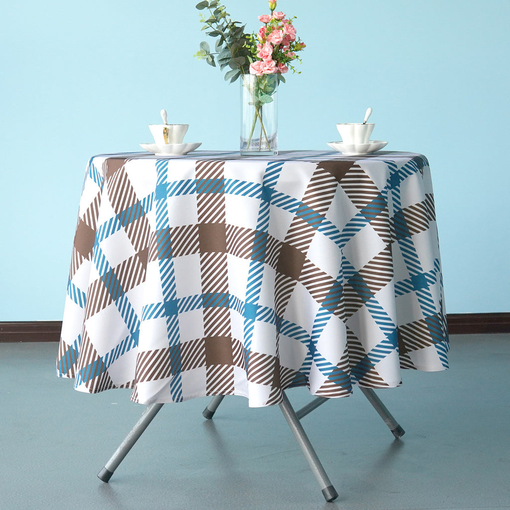 70" Round Premium Waterproof Polyester Tablecloth - Brown & Blue Tartan