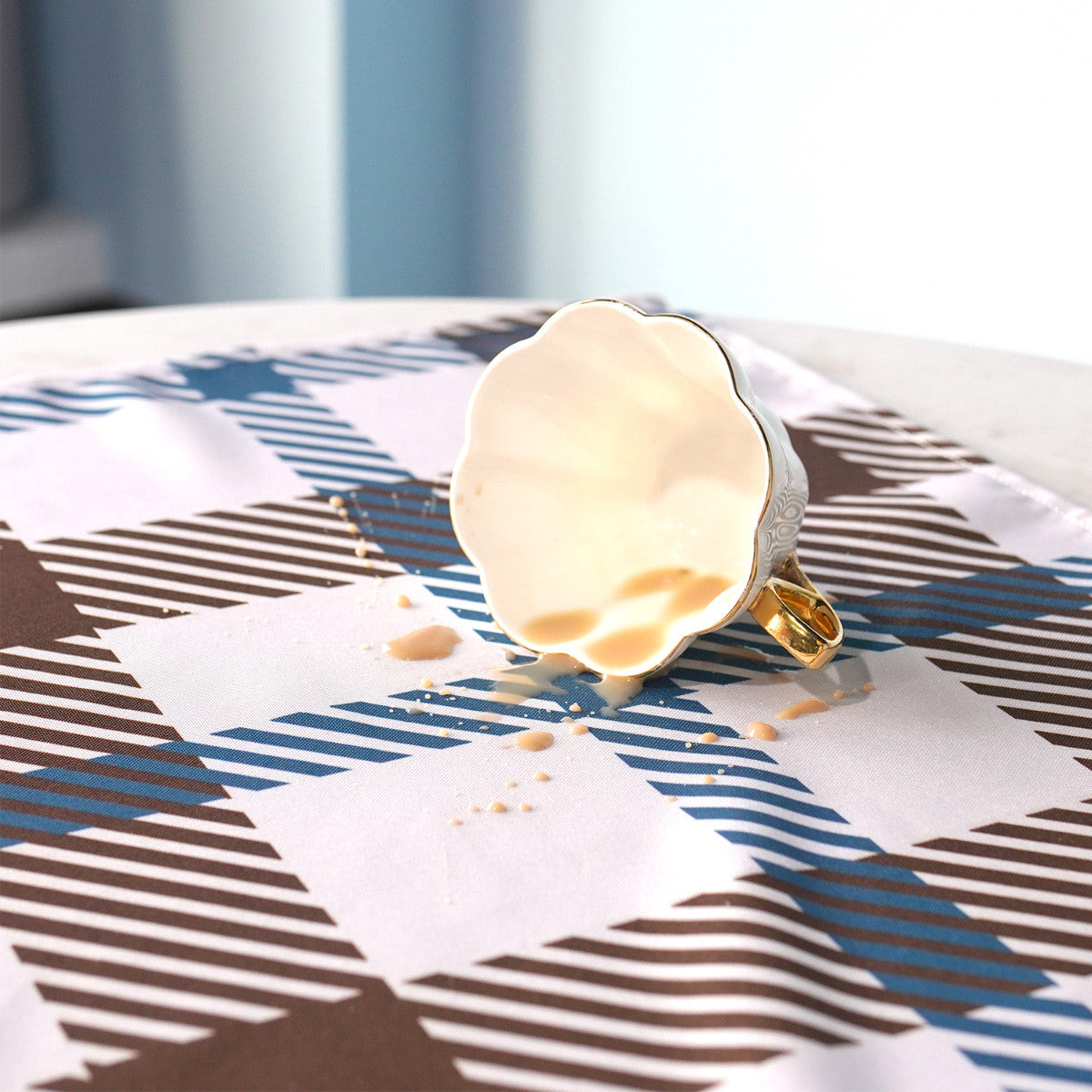 70" Round Premium Waterproof Polyester Tablecloth - Brown & Blue Tartan