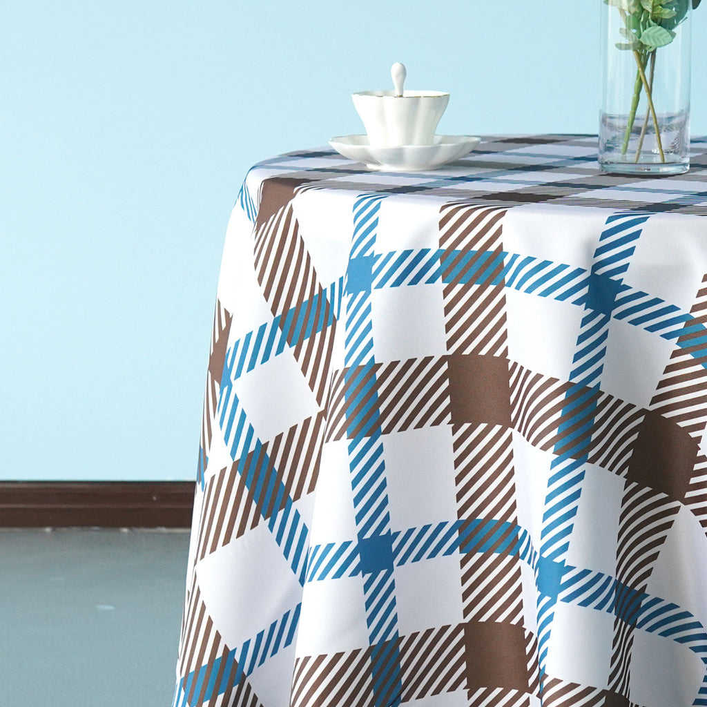 70" Round Premium Waterproof Polyester Tablecloth - Brown & Blue Tartan