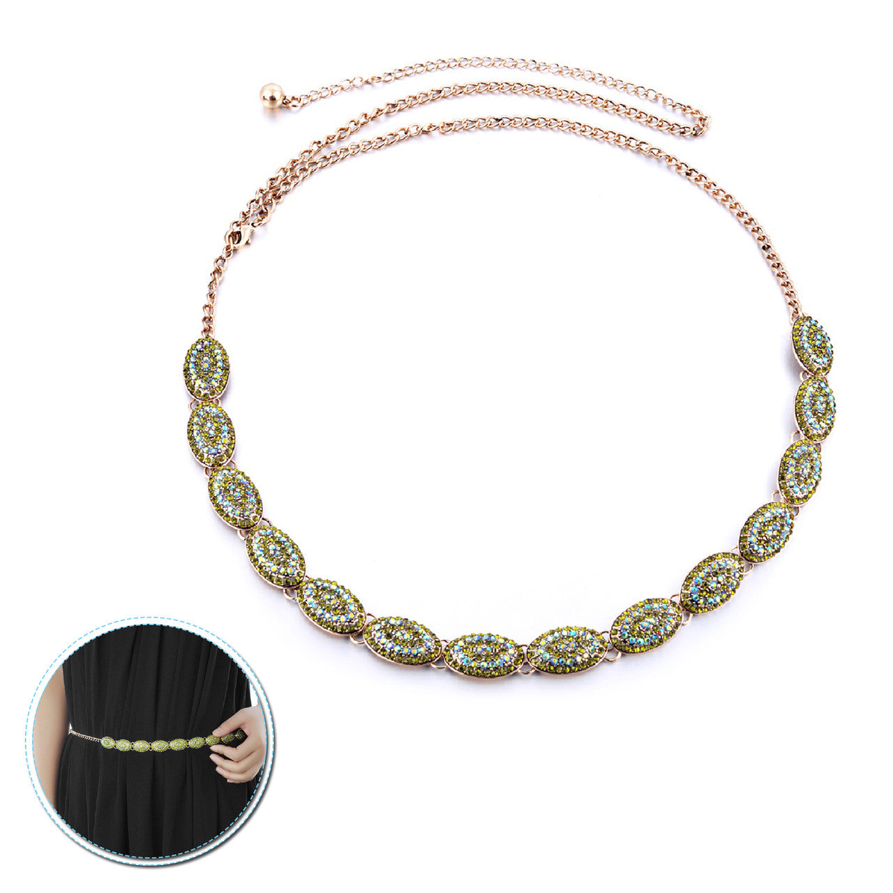 Oval Diamante Belt with Green Rhinestones
