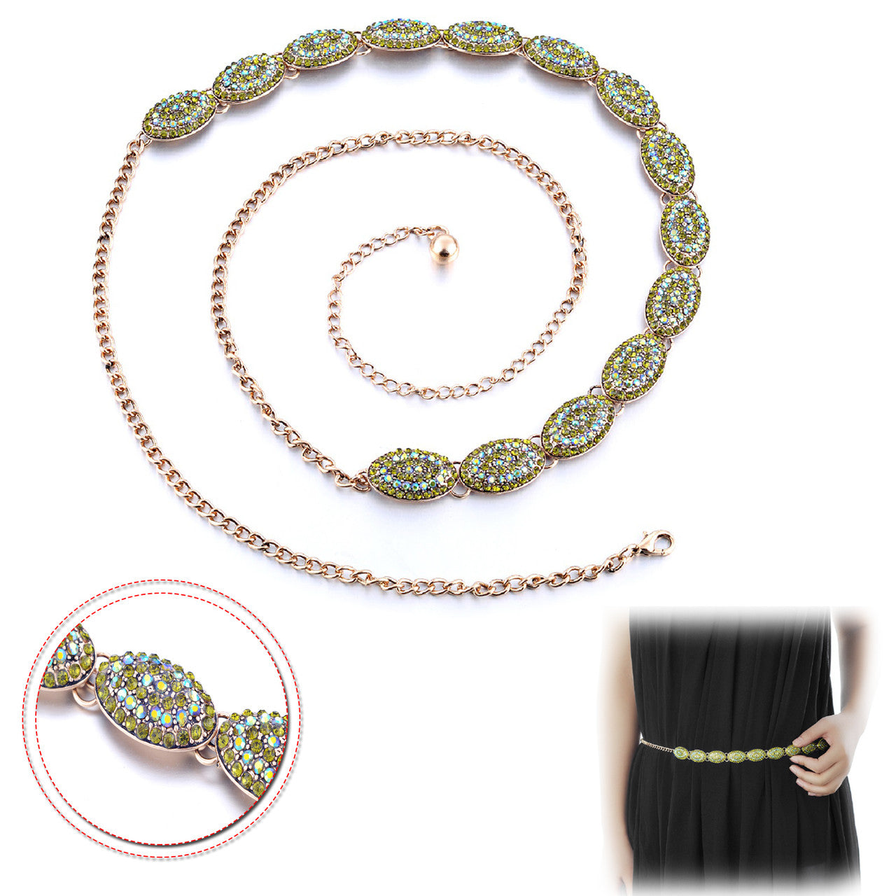Oval Diamante Belt with Green Rhinestones
