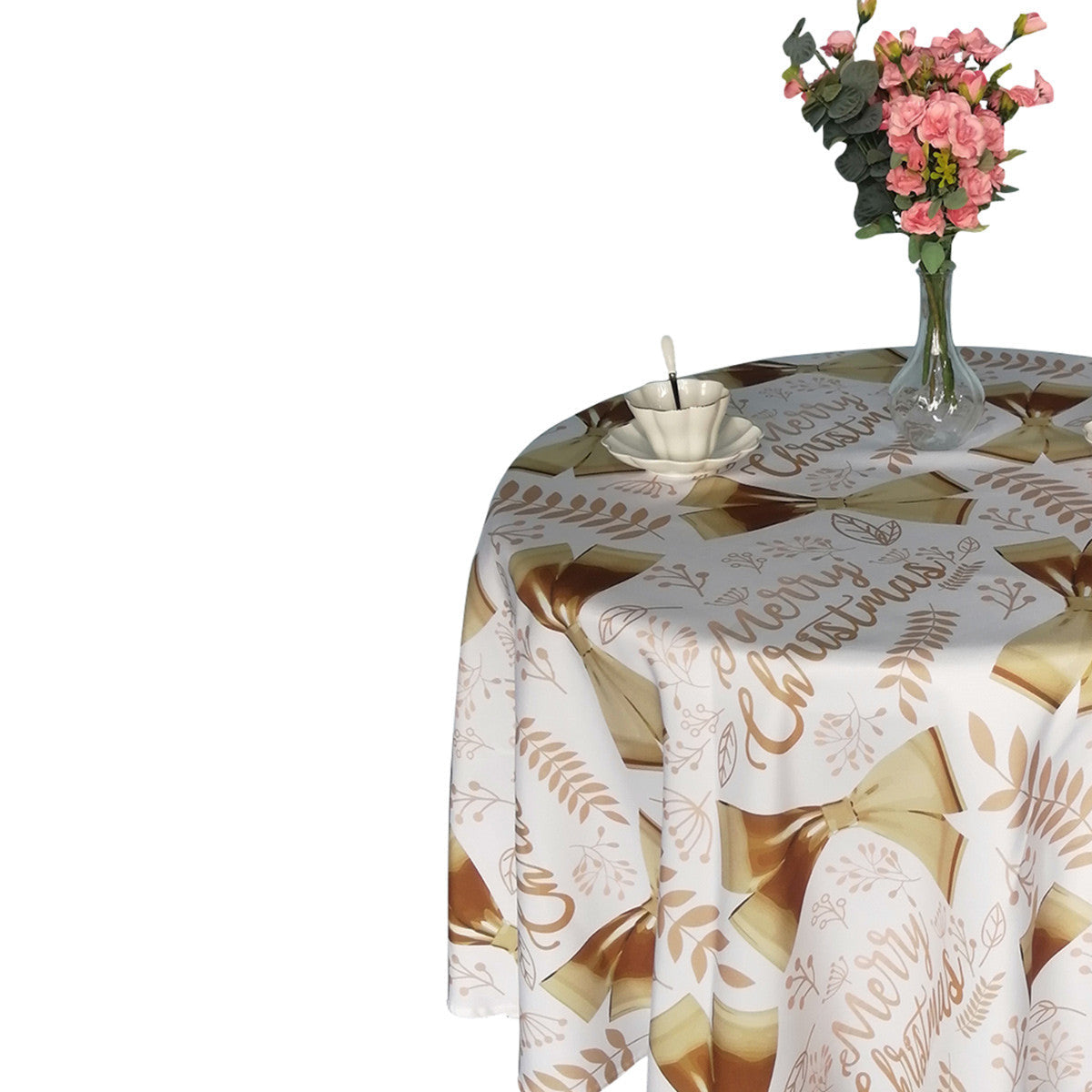 70" Round Christmas Ribbon & Leaf Print Polyester Wipe Clean Tablecloth - White & Gold