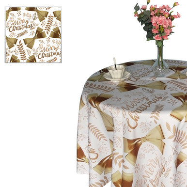 70" Round Christmas Ribbon & Leaf Print Polyester Wipe Clean Tablecloth - White & Gold